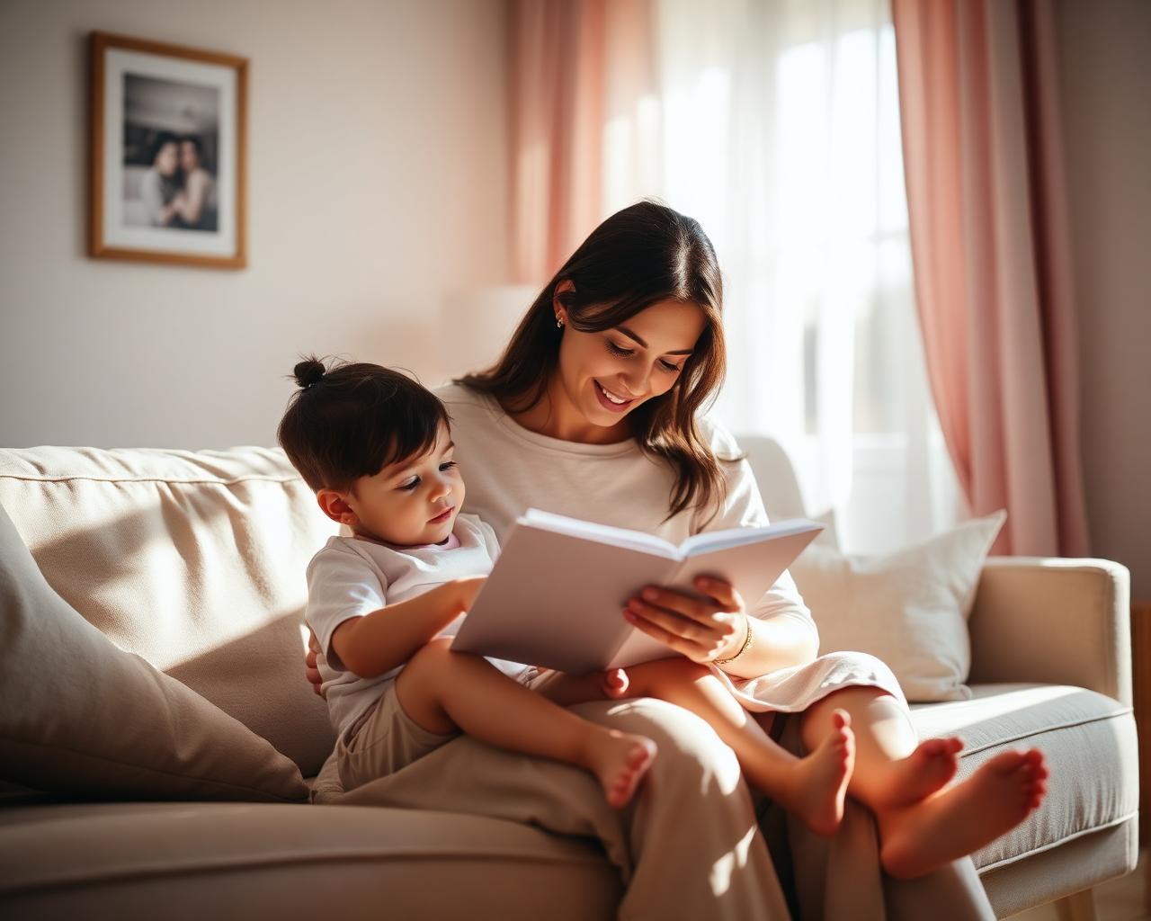 A parent and child reading quietly together on a sunlit couch